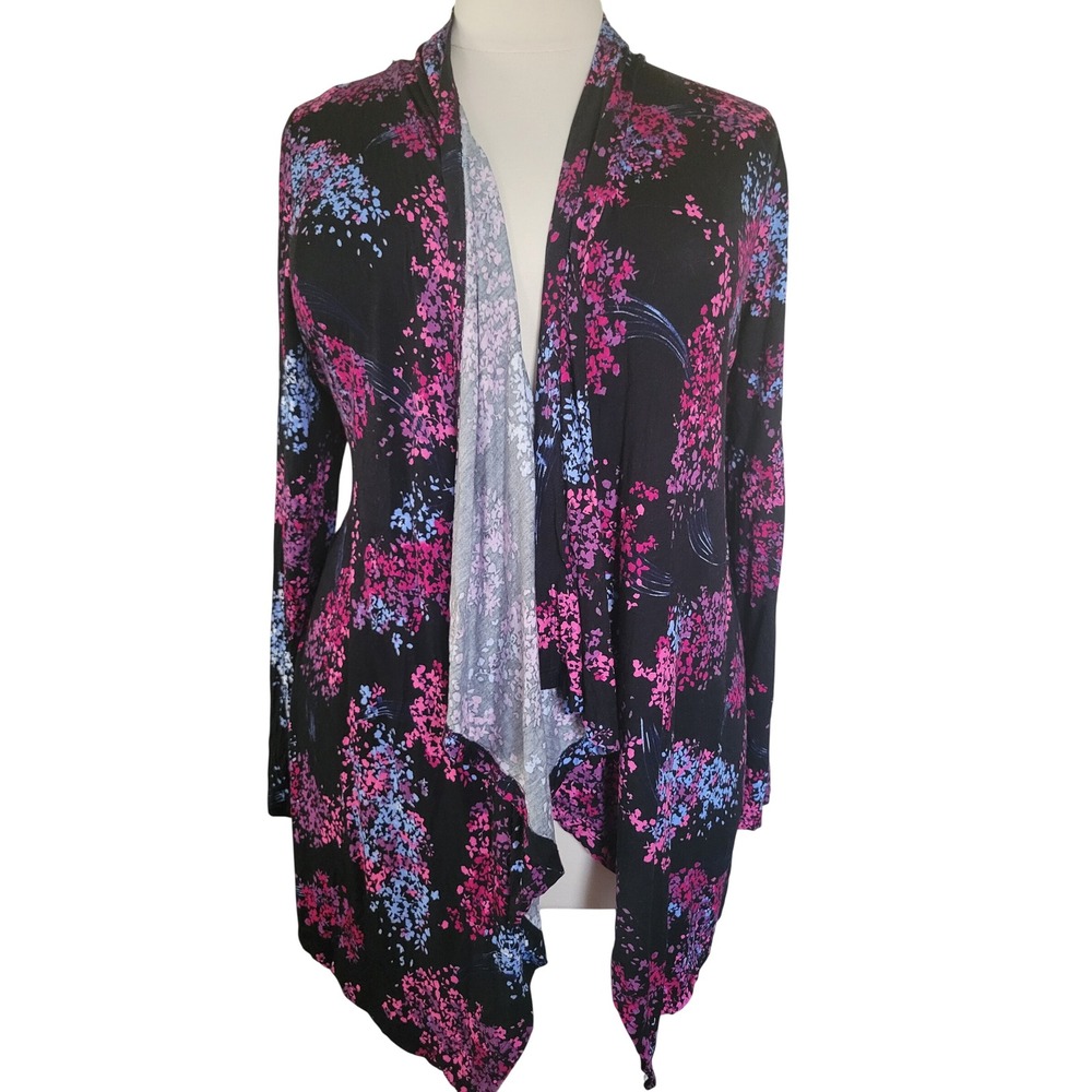 Lane Bryant Cardigan 18/20 Black Pink Floral Open Front Waterfall Excellent